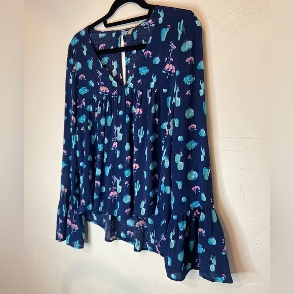 Roper~Navy Cactus Print Peasant Blouse~Empire Waist~Sheer Bell Sleeves~Size S - Picture 5 of 11